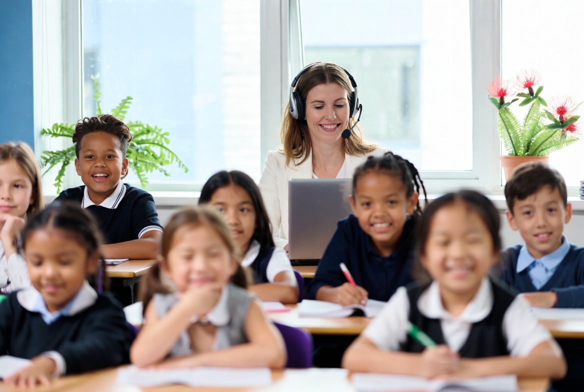 Teacher making a call from her classroom while students work