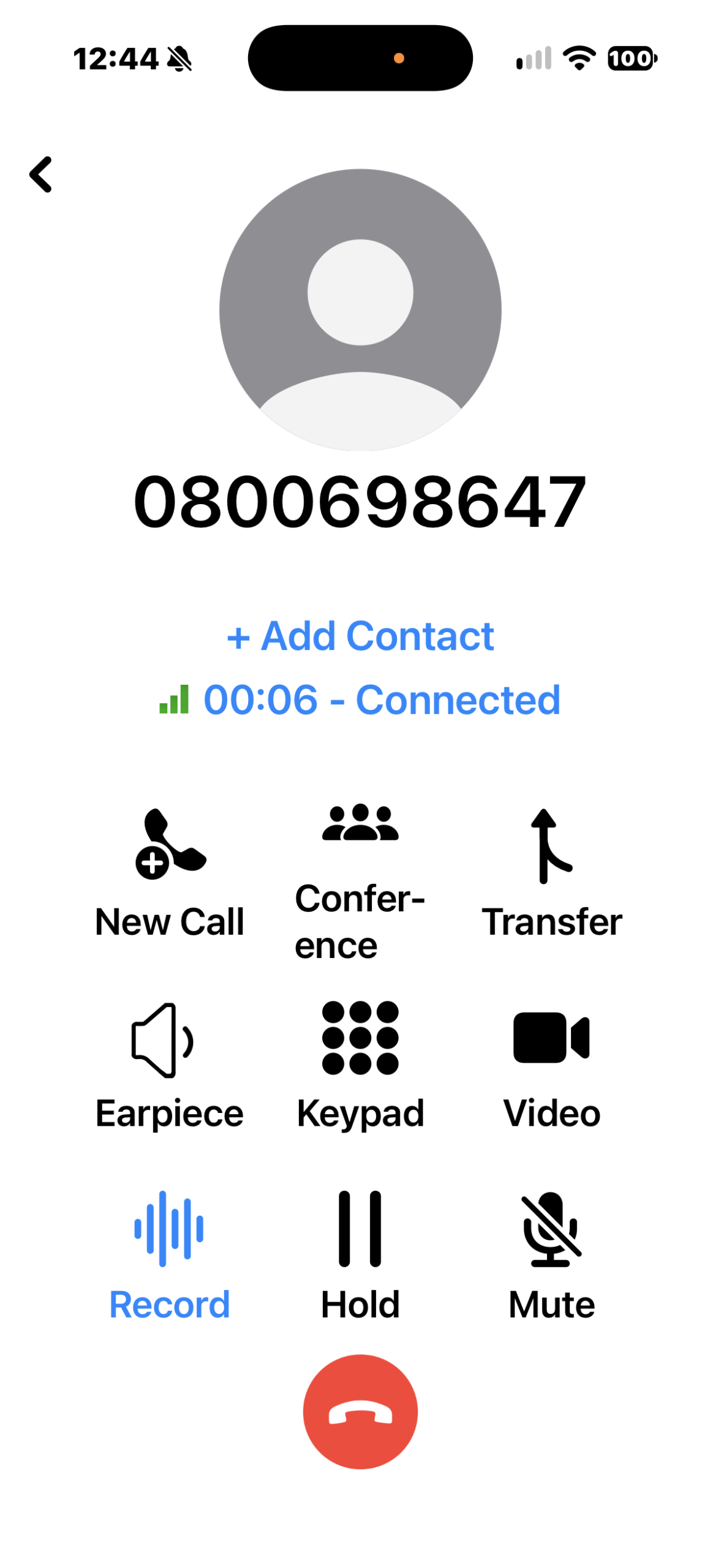 The 3CX app on an iPhone showing an active call with transfer, conference and record controls