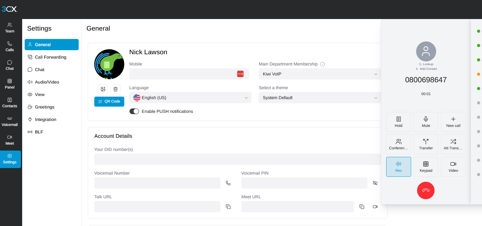 The 3CX web client running in a browser with a call in progress