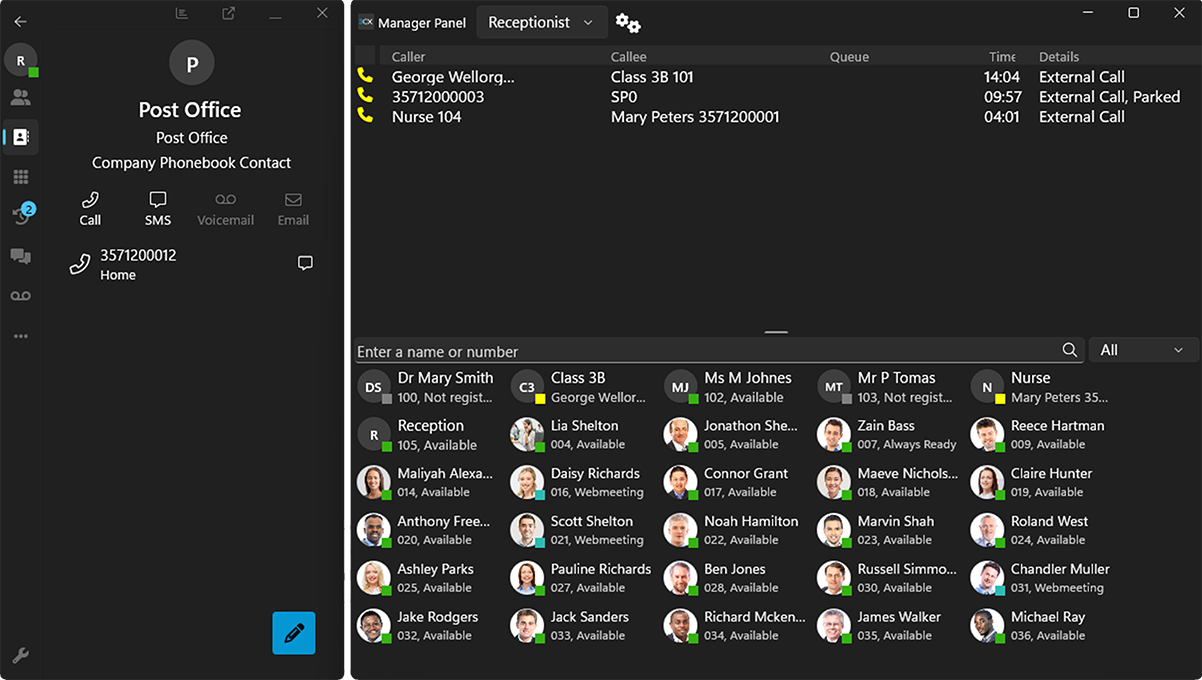 The 3CX desktop client and manager panel showing live calls